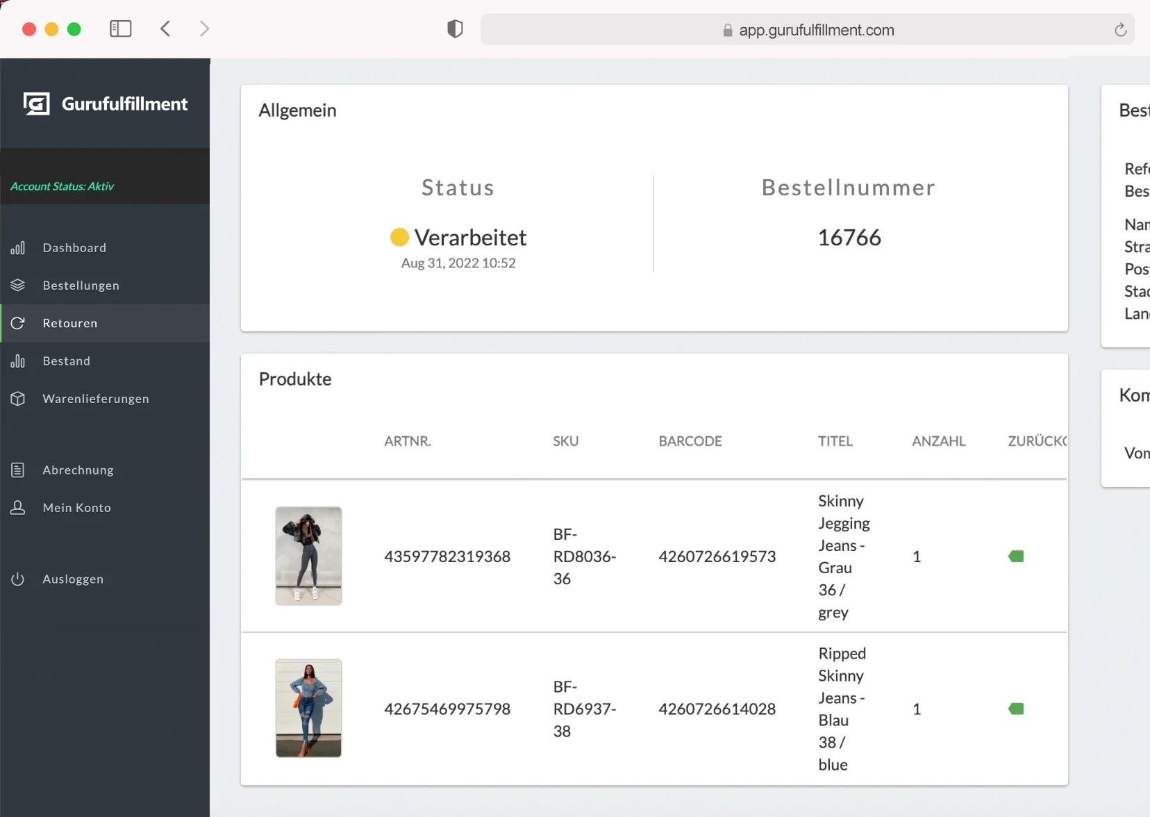 Gurufulfillment Dashboard Retouren