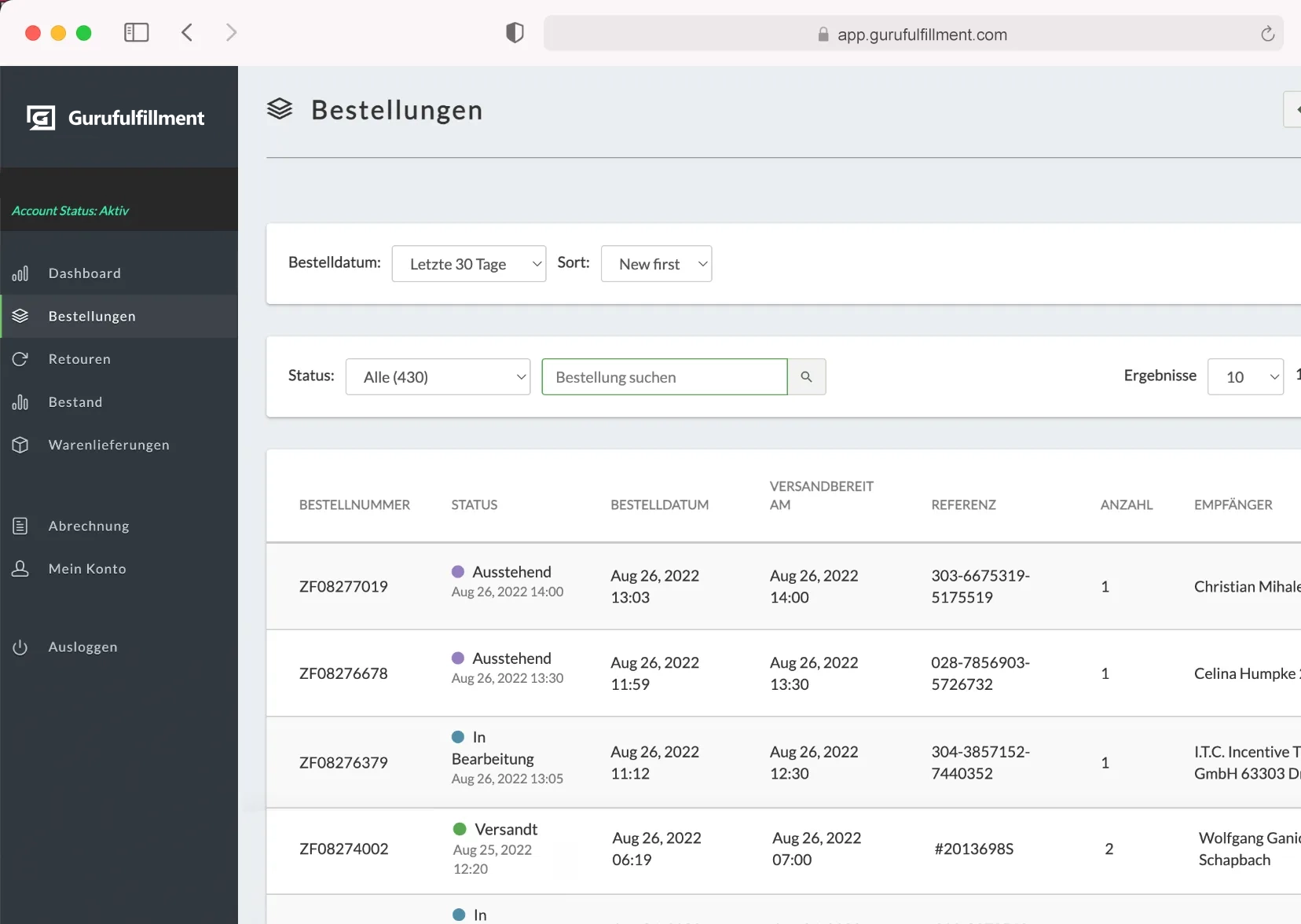 Gurufulfillment Dashboard Bestand